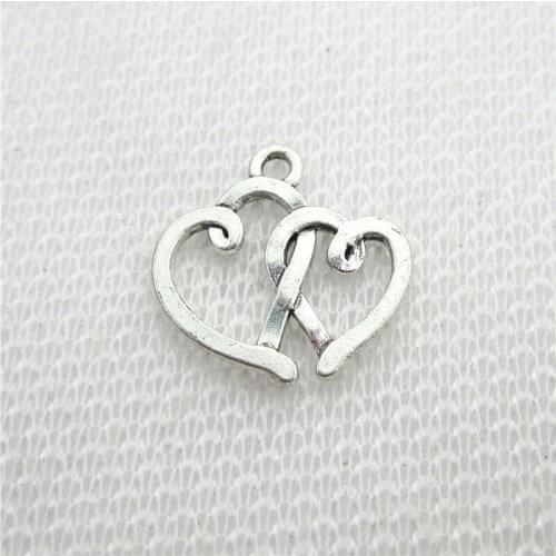 New Arrive 20pcs/lot Silver two heart charms dangle charms hanging lobster clasp floating charms Diy jewelry accessories