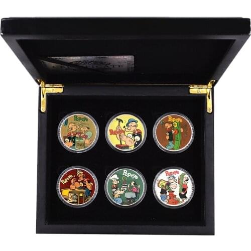 2021 New Year Gift 6pcs Popeye Sliver Coin with Wooden Box Home Decor Collecion Challenge Coin