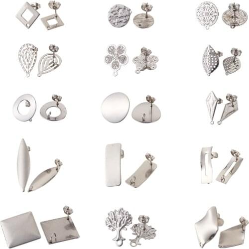 Pandahall 30pcs/Box Stainless Steel Geometric Stud Earring Findings Flower Earring Base with Loop DIY Jewelry Making Accessories
