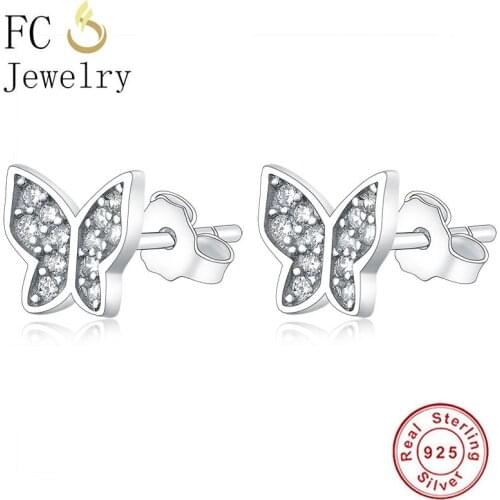 FC Jewelry 100% 925 Silver Mini Animal Butterfly White Crystal Stud Earring For Women Girl Prevent Allergy Small Wedding Brinco