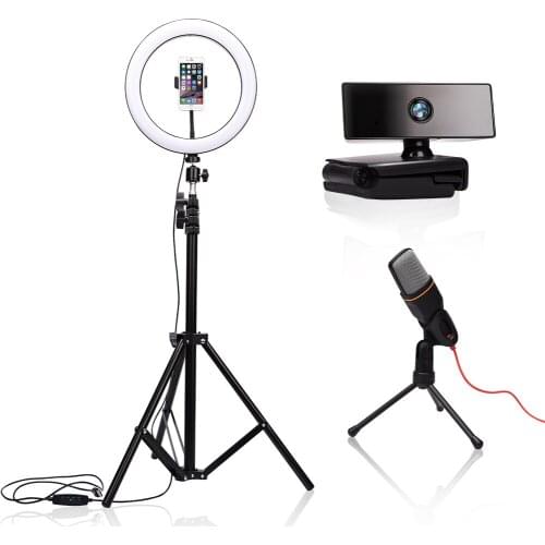 26cm Ring Light Dimmable Fill Light Tripod Full HD 1080P Webcam USB PC Computer Camera Stereo Condenser Microphone 3.5mm Audio