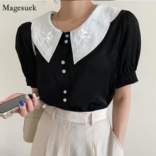 Korean Fashion Retro Embroidery Flower Blouse Women Summer Lapel Puff Short Sleeve Button-up Shirt Ladies Loose White Tops 15169