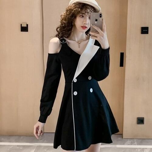 2020 spring new Night Club Off Shoulder Bandage Female Dress Sexy V-Neck Women Autumn Dress Long Sleeve High Slit Splicing color