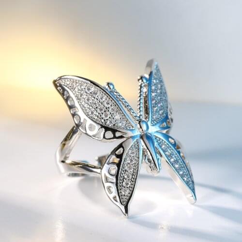 Fashion Cute Women Big Butterfly CZ Crystal Ring 2021 France Charm Women Adjustable AAA Zircon Ring Elegant Wedding Jewelry