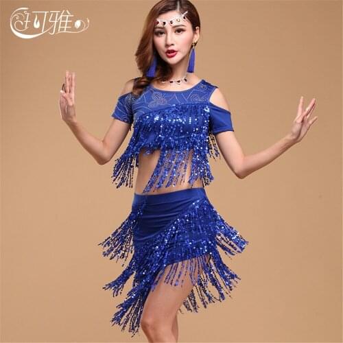 2019 Sexy Latin Dance Dress for Women Girl Dance Costume Ballroom Sequin Tassel Latin Dance Costumes (Top+ Skirt)