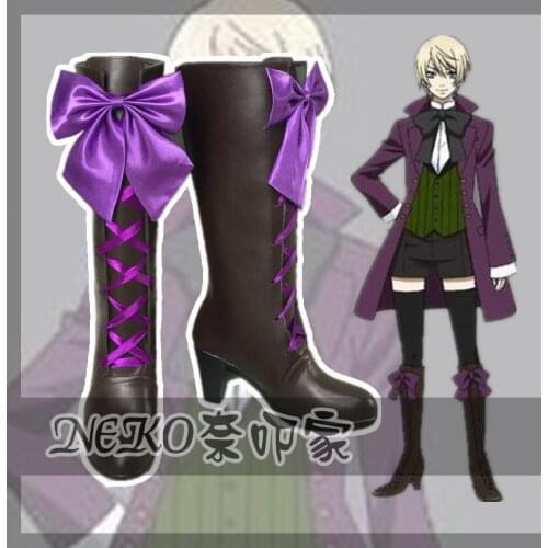 New Anime Black Butler II Kuroshitsuji Alois Trancy Cosplay Boots w/Bowknot Zipper Back Cosplay Shoes for Women/Men Size 35-41