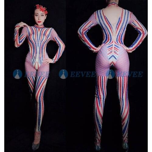 Color stripe elastic mesh Jumpsuit Rhinestones One Piece Bodysuit Costume Stage Outfit Singer Dancer Performance Rompers