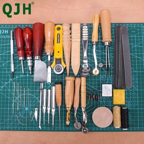 DIY Leather Edge Polished Rod Stitching Groover Hole Punching Needle Wax Thread Shovel Rotary Cutter Professional Leather Tool