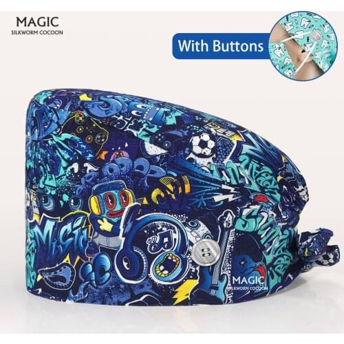 Cotton Multicolor Tieback nurse nursing Pet clinic scrubs Beautician hats Dentist hospital caps Surgical medical hat with button