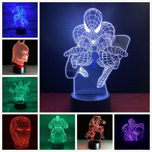 Disney The Avengers Spider iron Man Hulk Deadpool Spiderman figure toy 3D LED NightLight Colourful Light Christmas Gift