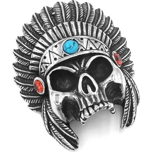 Indian Skull Pendant Stainless Steel Jewelry Necklace Red Blue Stone Tribal Feather Skull Biker Pendant for Men SWP0535A