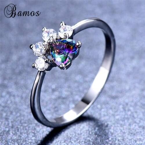 Bamos Cat/Dog Paw Ring Dainty Heart Ring For Women Girls Silver Color Animal Jewelry Accessories Wedding Bands