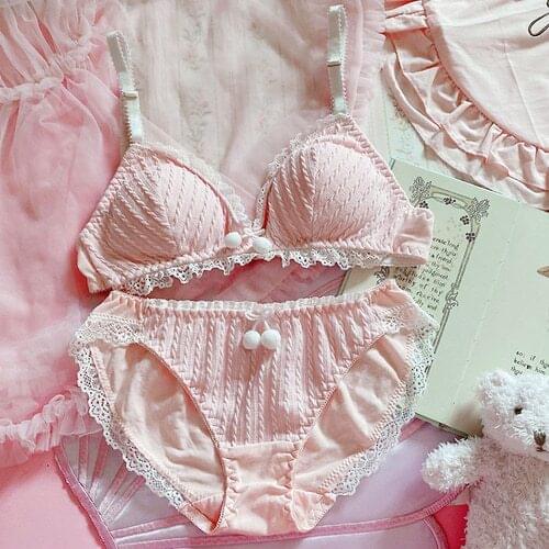 Cotton Bow Lace Wireless Bras Thongs Lace Lingerie Set Women Push Up Bra and Panty Japanese Student Girls Underwear Set