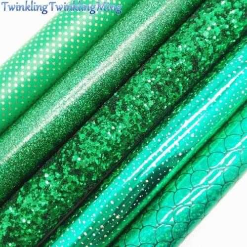 GREEN Chunky Glitter Canvas Sheet, 8"x11" Glitter Sheets, Mermaid Dots Faux Leather Sheet For Hair Bow & Earring Fabric XM067