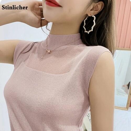 Half High Collar Sexy Tank Tops Women Knitted Sleeveless Vest Female Hollow Elasticity Solid Slim Pullover Women summer Clothes