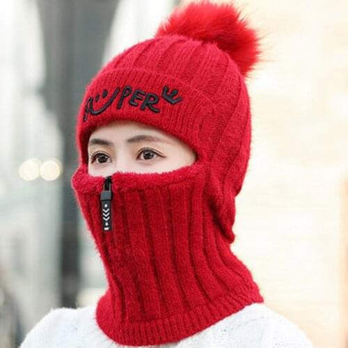 Fashion Women Winter Knitted Hat Faux Wool Bonnet Warm Thick Hat Neck Gaiter Skullies Cap Outdoor Knitted Baggy Headwear Cap