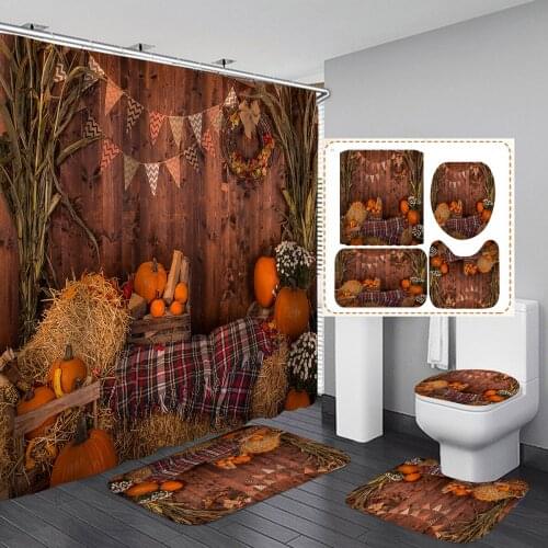 Autumn Rustic Banner Pumpkins Maple Leaves Shower Curtain Set Non-Slip Mat Thanksgiving Rugs Carpet Fall Bathroom Decoration