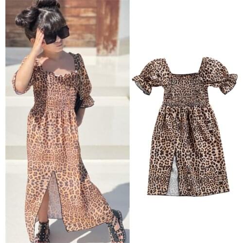 1-6Y Children Kid Girls Casual Long Slit Dress Fashion Leopard Printed Pattern Puff Short Sleeve Square Collar Dress