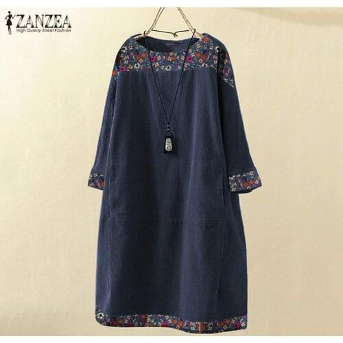 ZANZEA Autumn Women Corduroy Dress Vintage Floral Printed Sundress Casual Knee-length Vestido Loose Long Tops Long Sleeve Blusas