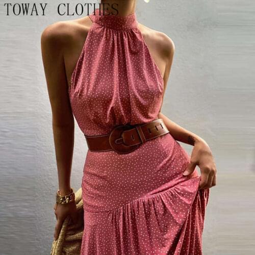 Women Polkadot Print Ruffles Halter Tank Dress Sleeveless Chic Daily Elegant Summer Dresses