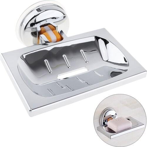 Portable Home Accessories Stainless Steel Strong Suction Square Shower Soap Holder Soap Box with Chrome Soap Dish for Bathroom
