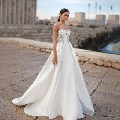 Chic Strapless Wedding Dress White Satin A-line Sexy Bridal Wedding Gowns Beaded Rhinestones Bridal Dresses