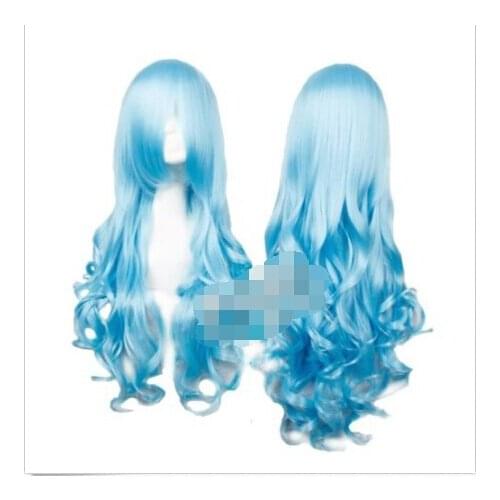 Shun USPS to USA New Fashion Sexy Girl Light Blue Cosplay Long Curly Wig 150320 w00507