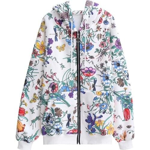 ZuoLunOuBa Winter Plus Fleece Women Hoody Long Sleeve Beautiful Tulip Print Harajuku Fashion Lady Sweatshirt Zip-up Coat Female