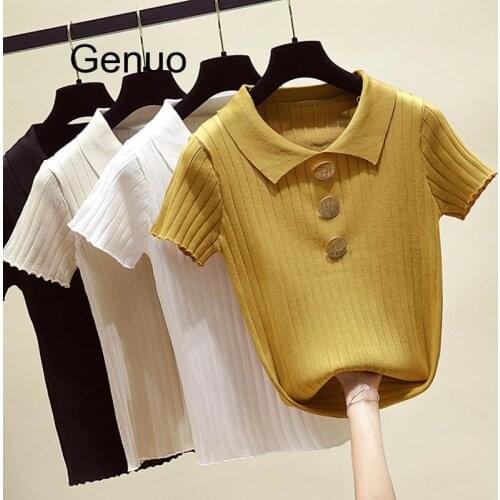 Women Knitting Short Sleeve Buttons Sweaters Pullovers Shirts Girls Knitted Tops Knitwear Clothing Woman