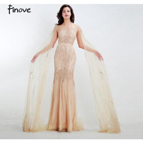 Finove Evening Dresses 2020 New Champagne Illusion Tulle Beading Elegant Mermaid Formal Party Dress Gowns for Woman Plus Size