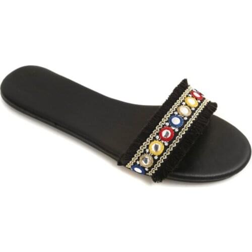 2020 Summer Open Toe Ribbon Rhinestone Flats Beach Sandals Slippers Casual Shoes Woman