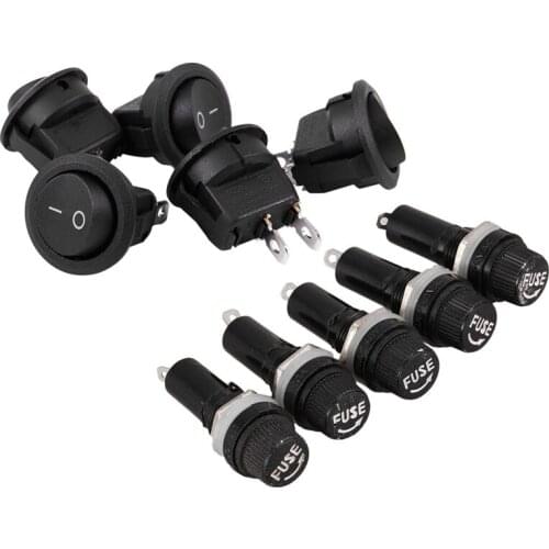 5Pcs SPST Black Button On/Off Round Rocker Switch with 5Pcs AC 125V 15A Panel Mount Fuse Holder