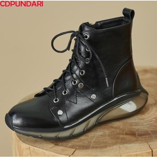 Black Genuine Leather Flat Platform Ankle Boots For Women Autumn Winter Combat Short Boots Sneaker Casual Shoes Bottines Femme