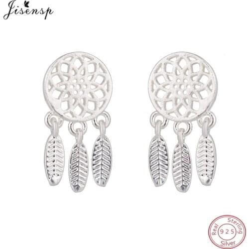 Jisensp 925 Sterling Silver Ethnic Brushed Tassel Dreamcatcher With Feathers Stud Earrings for Women Party Plant Earrings Gifts