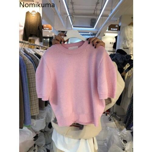 Nomikuma Korean Sweet Short Sleeve Knitted Pullovers Causal O-neck Women Sweater 2021 Spring New Elegant Knitwear Jumpers 6F273
