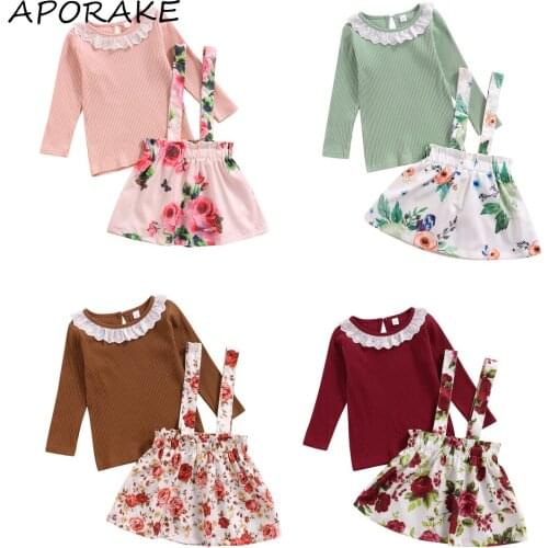 2021 0-5Y Kids Baby Girl Clothing Lace Trim O-Neck Long Sleeve Knitted Tops+Floral Print Suspender Skirt Sweet Fall 2pcs Outfits