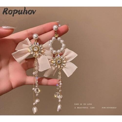 Ropuhov 2021 Jewery Trendy Korean 925 Silver Needle Pearl Crystal Bow Tassel Asymmetric Earrings Gentle Light Luxury Earrings