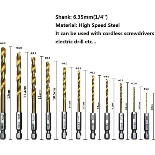 13pcs Twist Drill Bit Set 1.5-6.5mm Titanium Coated HSS Gun Drill Bit 1/4" Shank Sharpen Drill Bits Woodworking Hole Cutter