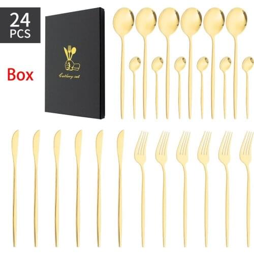 410 Stainless Steel Cutlery Set Golden Portuguese Knife Spoon Fork 24pcs Black Gift Box Logo Customization Dinnerware Set CST
