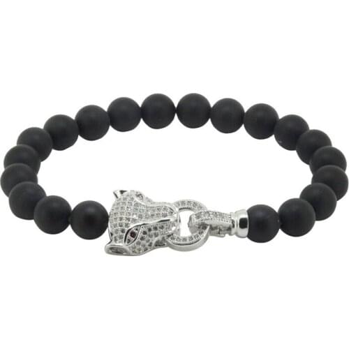 Natural Pave CZ Leopard Head Stone Bracelets for Men 8mm Black Matte Mala Bead Bracelet Yoga Bracelets Pulseras Jewelry
