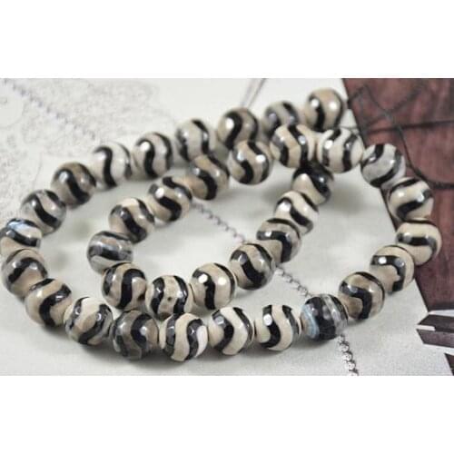 Unique Pearls jewellery Store Tibetan Dzi Faceted Twist Black White Agate Gemstone 8mm 15'' Full One Strand LC3-236