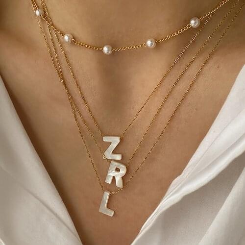 Natural Sea Shell A-Z Letters Pendant Necklace Thin Chain Initial Name Necklaces for Women Dainty Pearl Choker Collier Coquilla