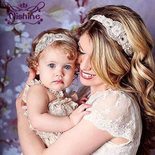 Nishine 2pcs/set Mom and Me Matching Headband Inspired Couture Luxury Rhinestone Headbands Elastic Mommy and Kids Headwear