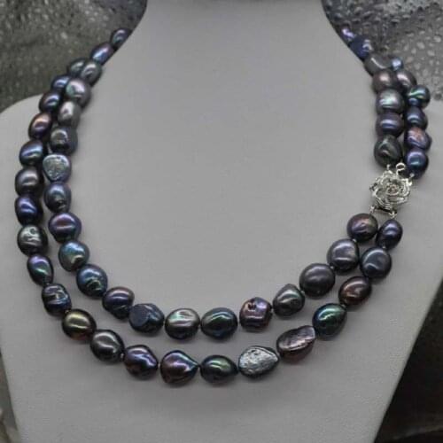Hand knotted beautiful 2 row 9-11mm black baroque fresh water cultured pearl necklace 43-48cm fashion jewelry