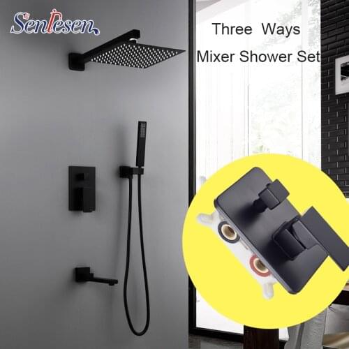 Senlesen Black Shower Faucets Set Rainfall Shower Head Mixer Tap Bath 3-way Hot and Cold Shower Faucet
