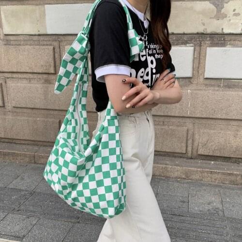 Korean Plaid Shoulder Bag Canvas Hobos Crossbody Bags Women Casual Shoulder Messenger Bag Large Capacity Student Book Handbag