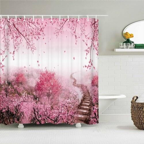 Beautiful Cherry Blossom Flowers Fabric Shower Curtain Bathroom Curtains Floral landscape Waterproof Decor Bath Screen with Hook