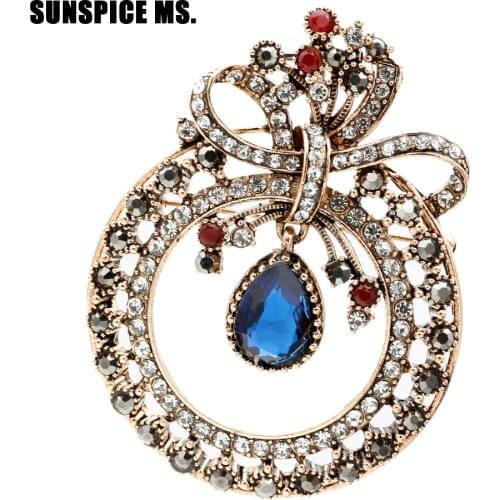 New Turkish Resin Flower Round Brooch Pins Jewelry For Women Resin Antique Gold Color Lapel Corsage Retro Badge Christmas Gift