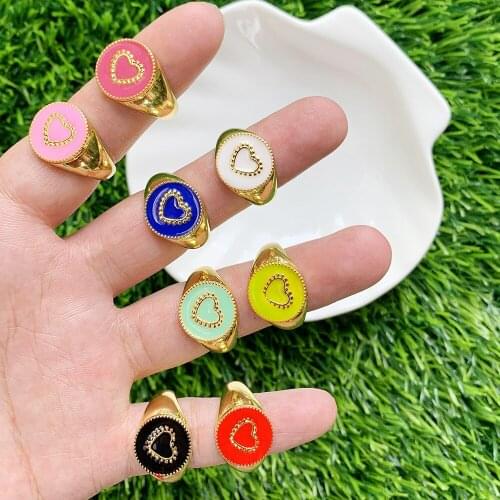 Heart Shape Rainbow Enamel Finger Ring Adjustable Brass Jewelry For Women Wear