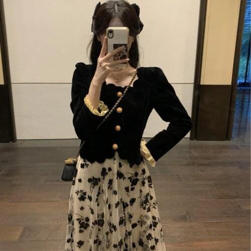 Ladies Suit French Autumn New Womens 2021 Black Velvet Two-piece Dress Skirt Suit Spring/Autumn